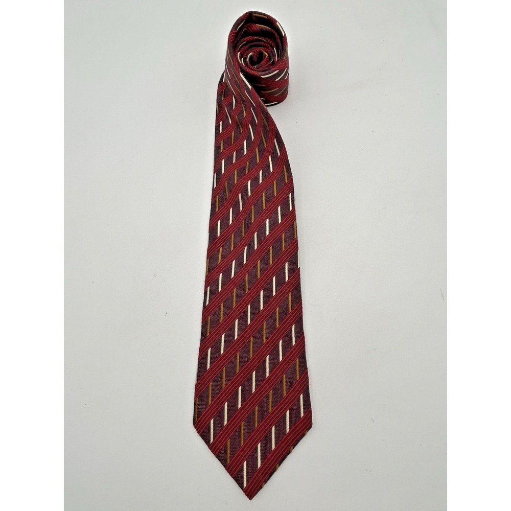 Ermenegildo Zegna MMaroon Woven Geometric Stripe 55% Wool 45% Silk Blend Tie